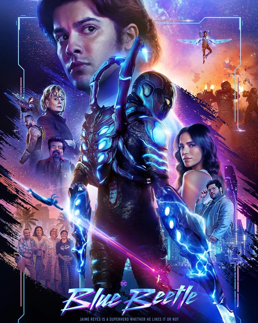 Movie poster featuring a blue beetle armored hero, several other people, and the title 'Blue Beetle' against a purple and blue background.