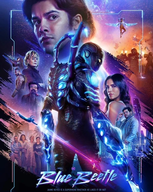 Movie poster featuring a blue beetle armored hero, several other people, and the title 'Blue Beetle' against a purple and blue background.