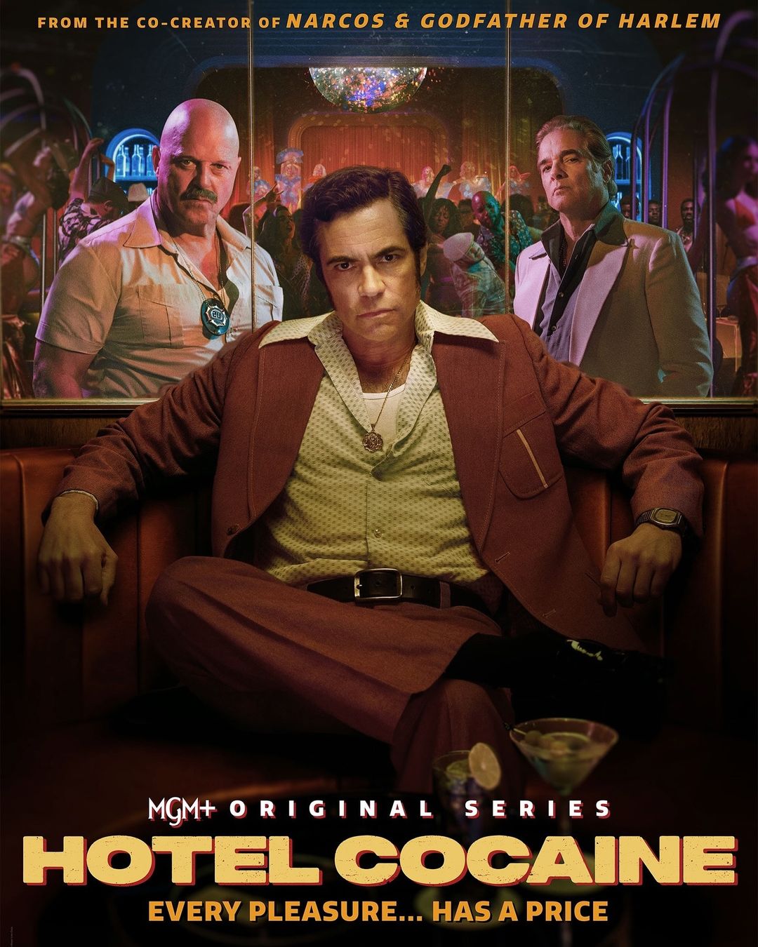 Promotional image for the MGM+ Original Series 'Hotel Cocaine' featuring a man in a brown suit seated and two men standing behind him.