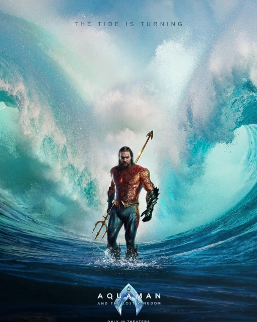 Movie poster for Aquaman and the Lost Kingdom features Jason Momoa as Aquaman standing in ocean waves with trident in hand.