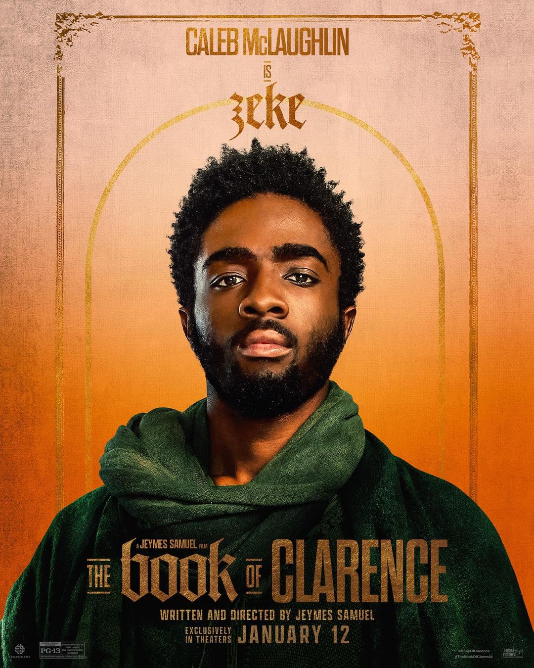 Movie poster for 'The Book of Clarence' featuring Caleb McLaughlin as Zeke, centered, with an orange background and ornate gold frame.
