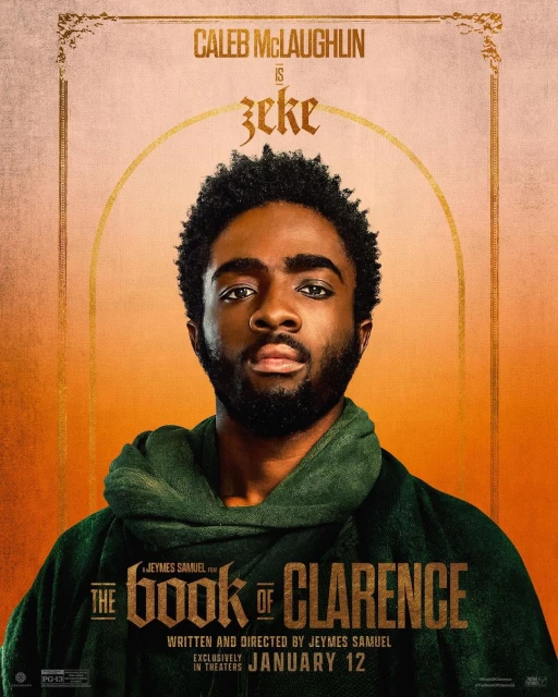 Movie poster for 'The Book of Clarence' featuring Caleb McLaughlin as Zeke, centered, with an orange background and ornate gold frame.