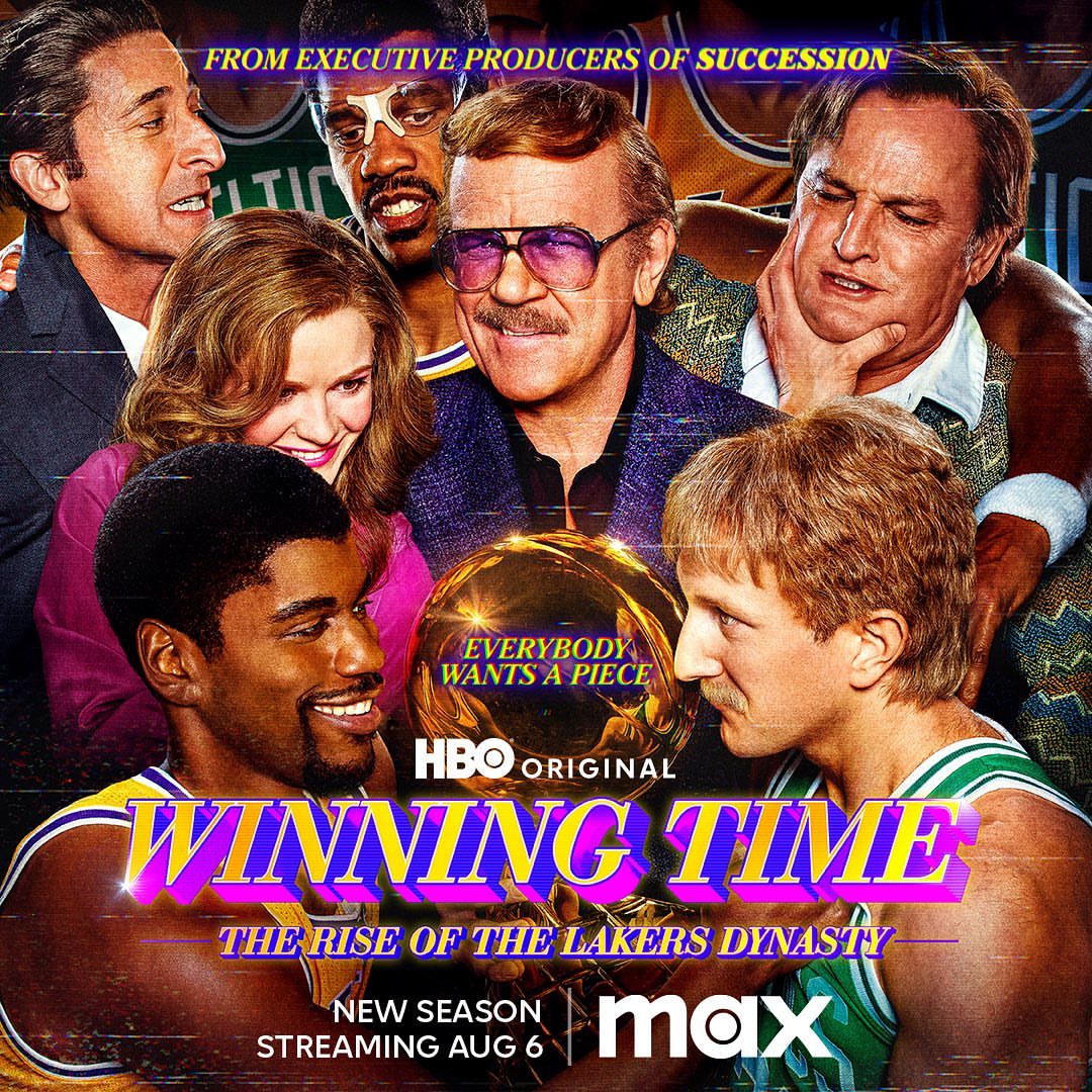 Promotional poster for 'Winning Time: The Rise of the Lakers Dynasty' featuring cast members and a gold basketball trophy. 