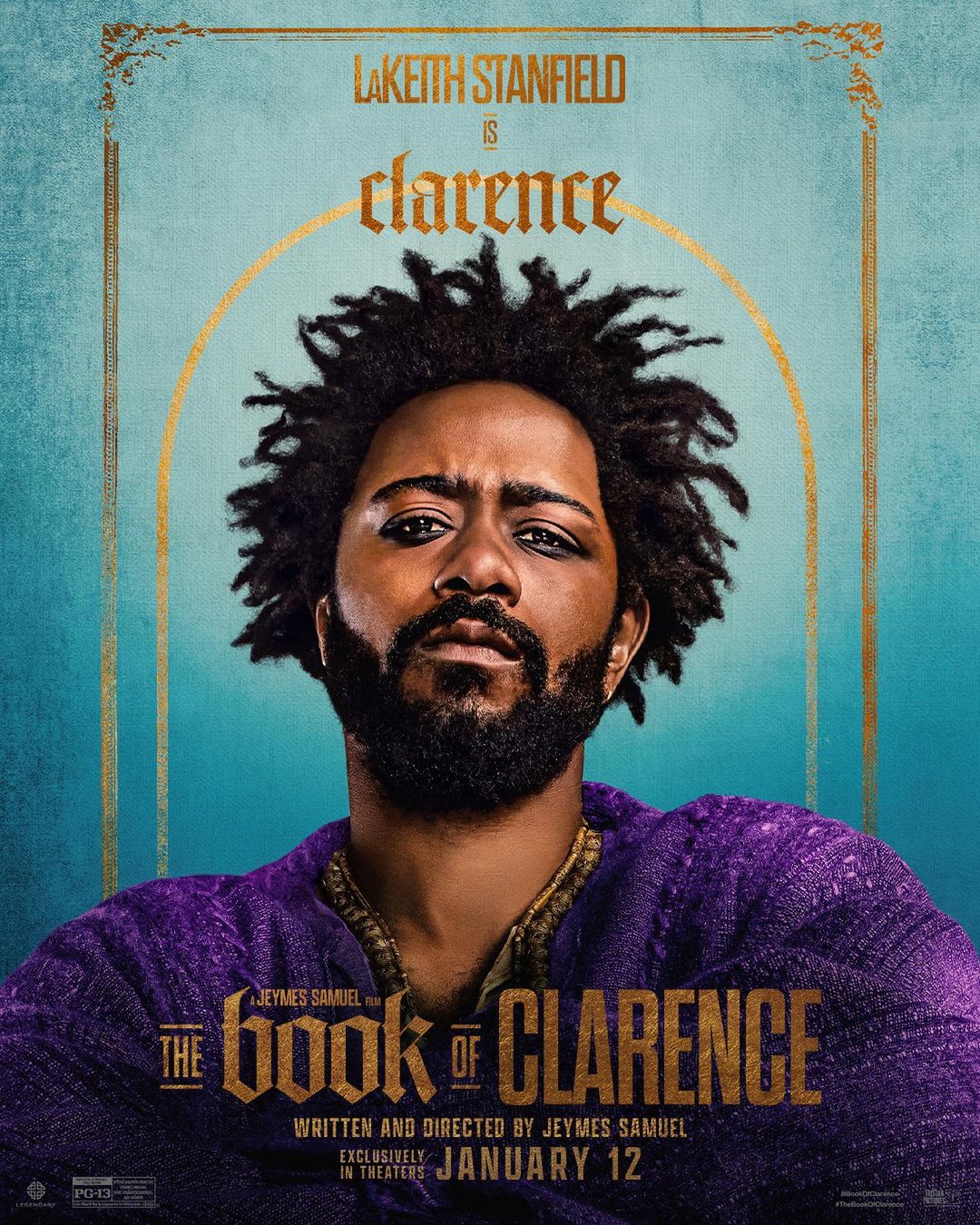 Promotional movie poster for 'The Book of Clarence' featuring LaKeith Stanfield, artistic frame, blue-toned backdrop, film promotion.
