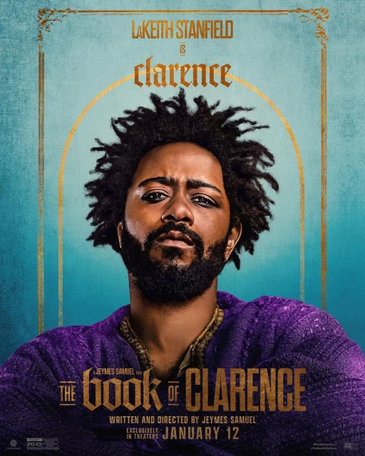 Promotional movie poster for 'The Book of Clarence' featuring LaKeith Stanfield, artistic frame, blue-toned backdrop, film promotion.