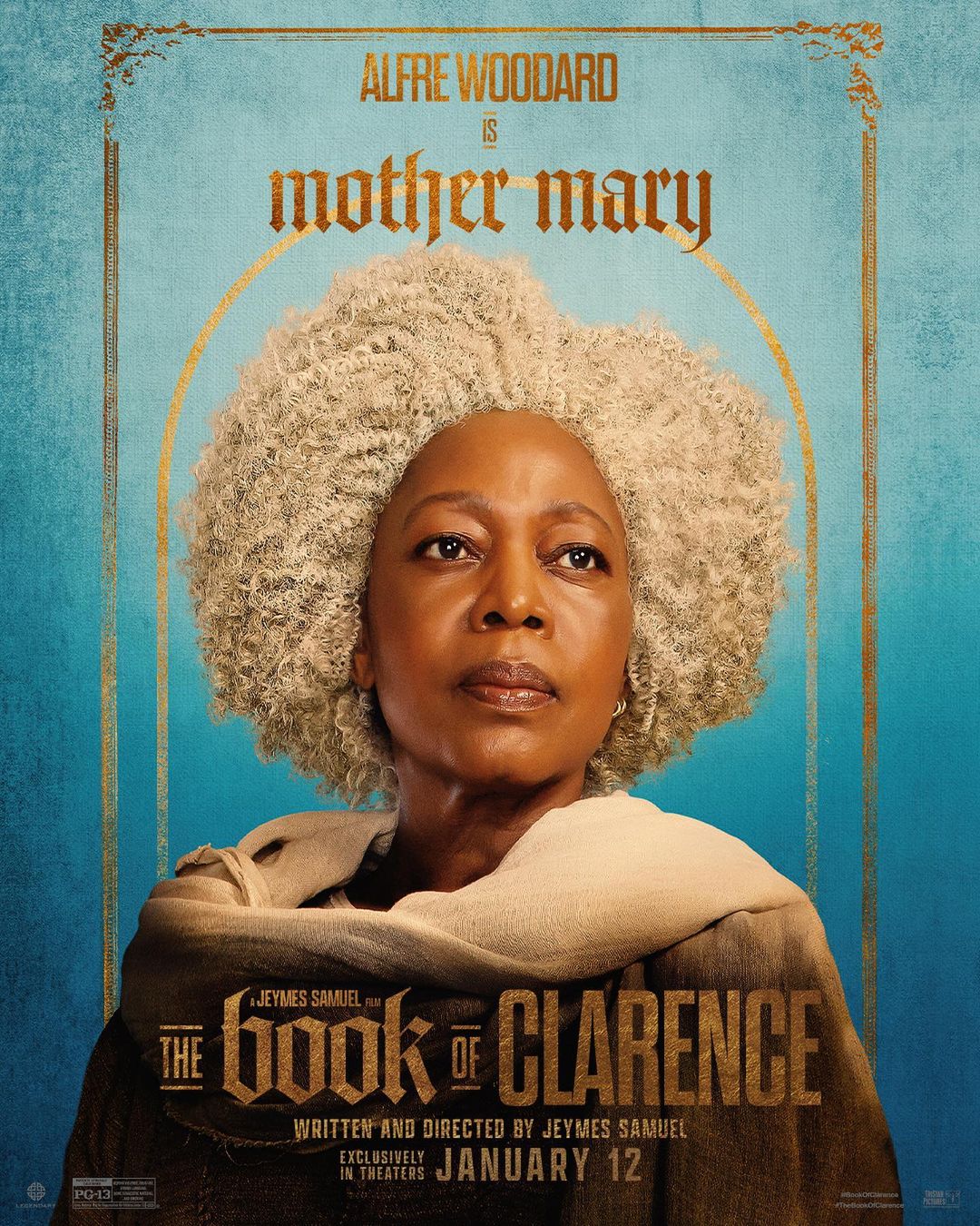 Movie poster for The Book of Clarence featuring Alfre Woodard as Mother Mary, focusing on her portrait with a beige shawl against a teal backdrop.