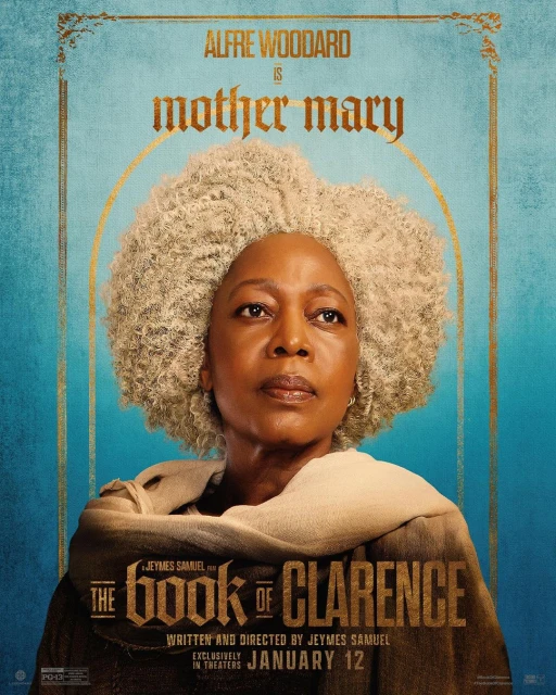 Movie poster for The Book of Clarence featuring Alfre Woodard as Mother Mary, focusing on her portrait with a beige shawl against a teal backdrop.