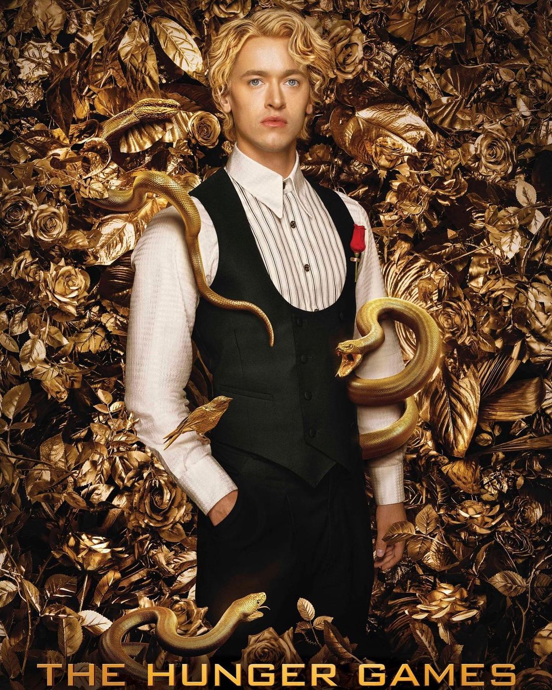 Portrait of a blond man in a vest with gold roses and snakes, evoking a dramatic and ornate aesthetic, theatrical in nature.