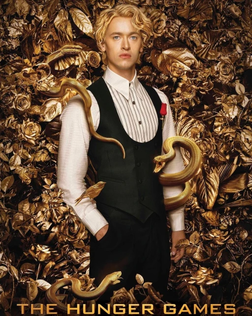 Portrait of a blond man in a vest with gold roses and snakes, evoking a dramatic and ornate aesthetic, theatrical in nature.