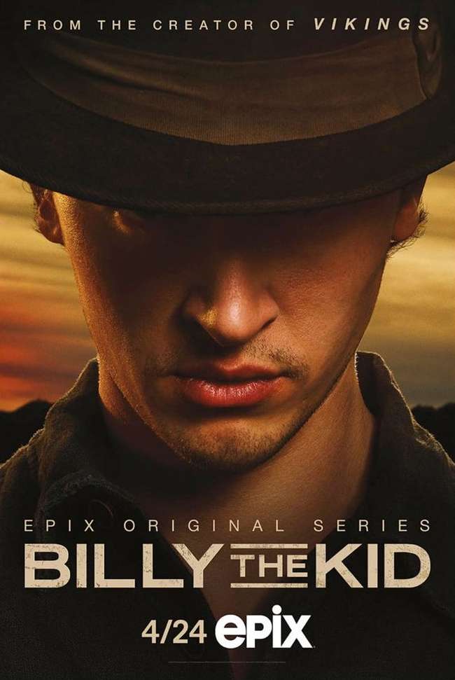 Movie poster for the television series Billy the Kid, featuring a portrait of the main character wearing a brown hat, with text overlay.