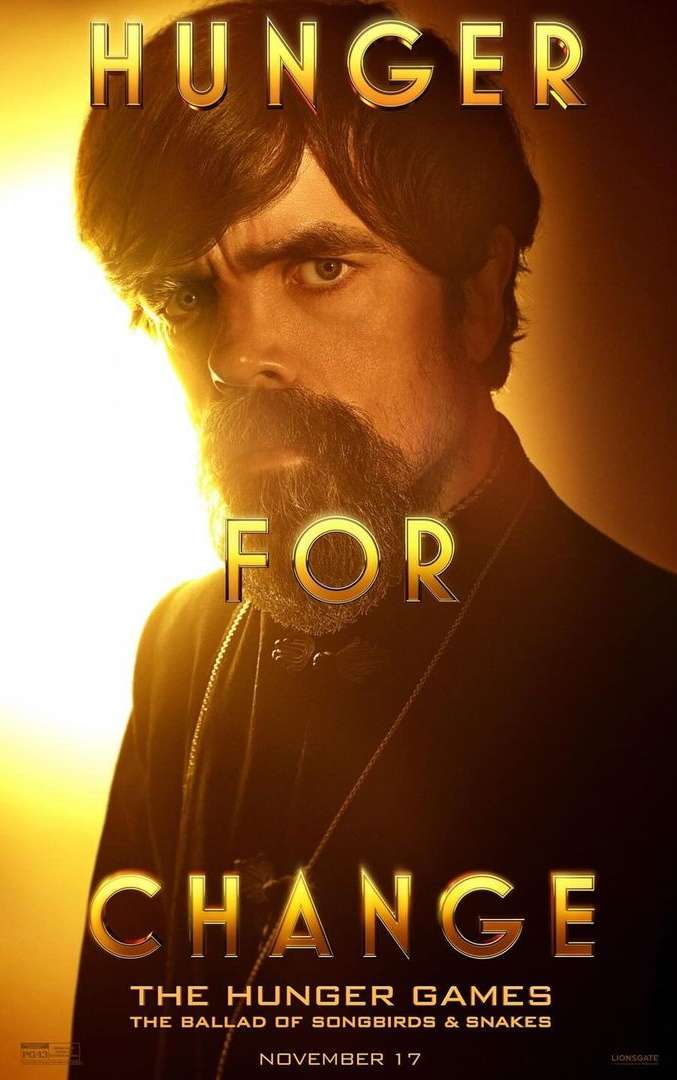Promotional poster featuring a headshot of Peter Dinklage, star of the upcoming film 'The Hunger Games: The Ballad of Songbirds and Snakes'.