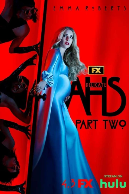 Promotional poster for American Horror Story: Delicate Part Two features Emma Roberts in a blue gown against a red background.