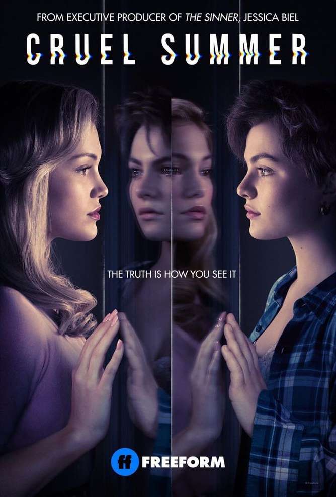 Cruel Summer TV show poster features three images of an adult female; face of girl on left and right, with a mirrored face in the center.