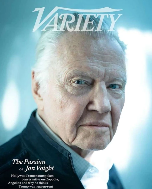 Close-up portrait of Jon Voight on the cover of Variety magazine, wearing a black jacket against a light blue background.
