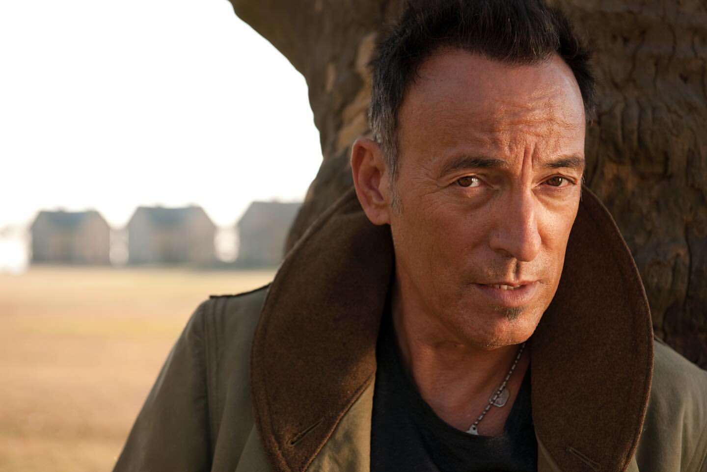 Portrait of Bruce Springsteen wearing a brown collared jacket next to a tree in a field with houses in the background.
