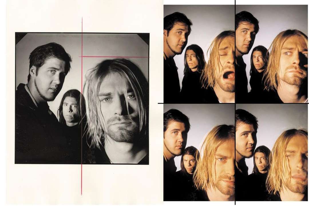 Monochrome composite portrait of the band Nirvana, featuring close-up shots of Kurt Cobain and his bandmates against a light background.