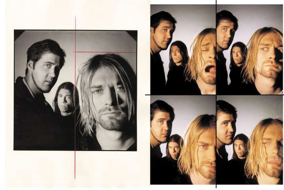 Monochrome composite portrait of the band Nirvana, featuring close-up shots of Kurt Cobain and his bandmates against a light background.