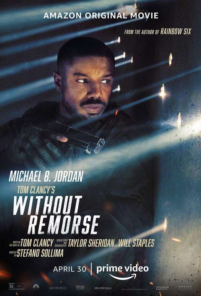 Movie poster featuring Michael B. Jordan, the title 'Without Remorse,' and release details over a dark, gritty background with light streaks.