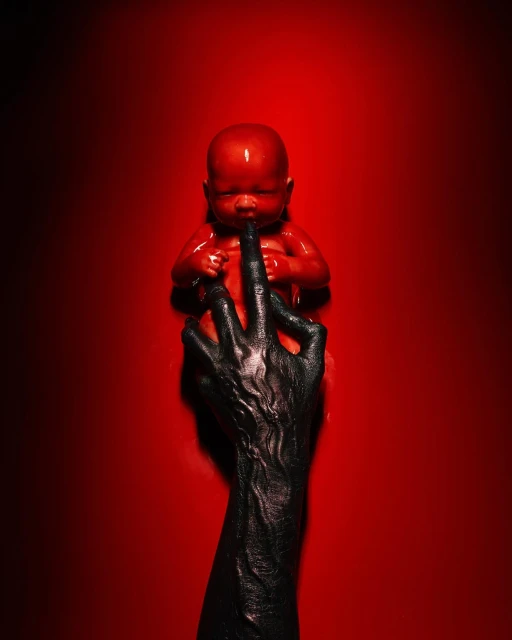 An eerie, red-toned image features a red baby doll held by a black-painted arm and hand, set against a matching red background. Dark mood.