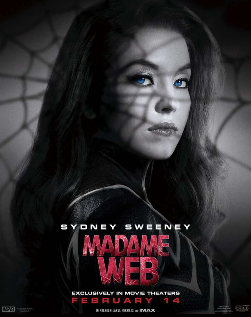Close-up poster of Sydney Sweeney as Madame Web with a spiderweb shadow across her face, against a dark background, movie release date.