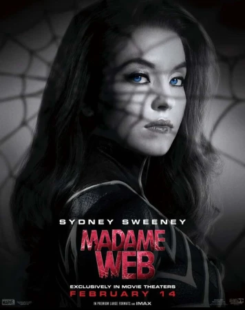 Close-up poster of Sydney Sweeney as Madame Web with a spiderweb shadow across her face, against a dark background, movie release date.