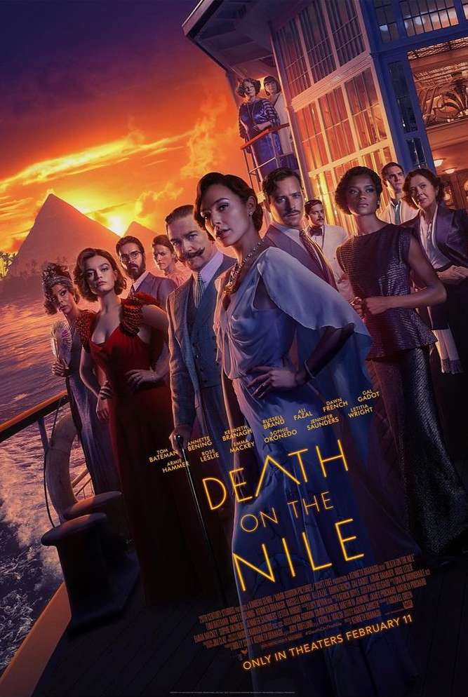 Movie poster for Death on the Nile featuring a group of elegantly dressed people standing on a boat at sunset with the pyramids in the distance.