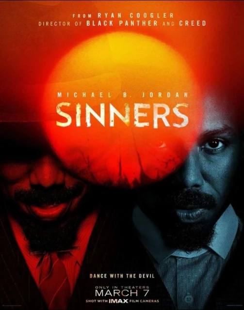Movie poster for Sinners featuring Michael B. Jordan, with a red color scheme and a title overlaying the actors' faces.