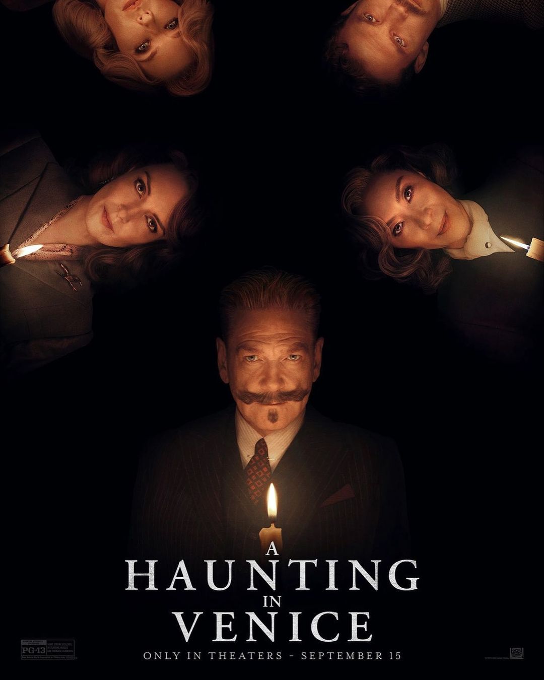 Movie poster for 'A Haunting in Venice' features Kenneth Branagh and other actors with candles, set against a dark background.