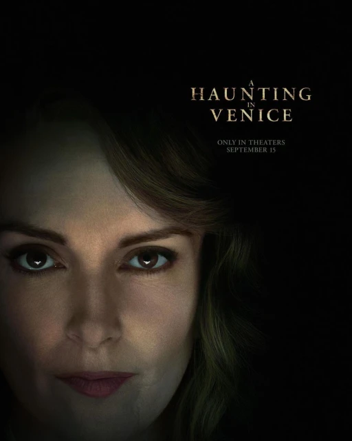 Close-up of a woman's face with dramatic lighting promoting 'A Haunting in Venice' movie, set for theaters September 15, 2023.