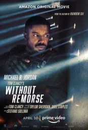 Michael B. Jordan holding a gun in a cinematic poster for Without Remorse, lit by diagonal light rays.