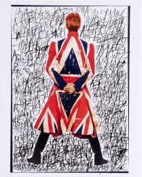 David Bowie standing with back turned wearing a Union Jack coat against a handwritten script backdrop