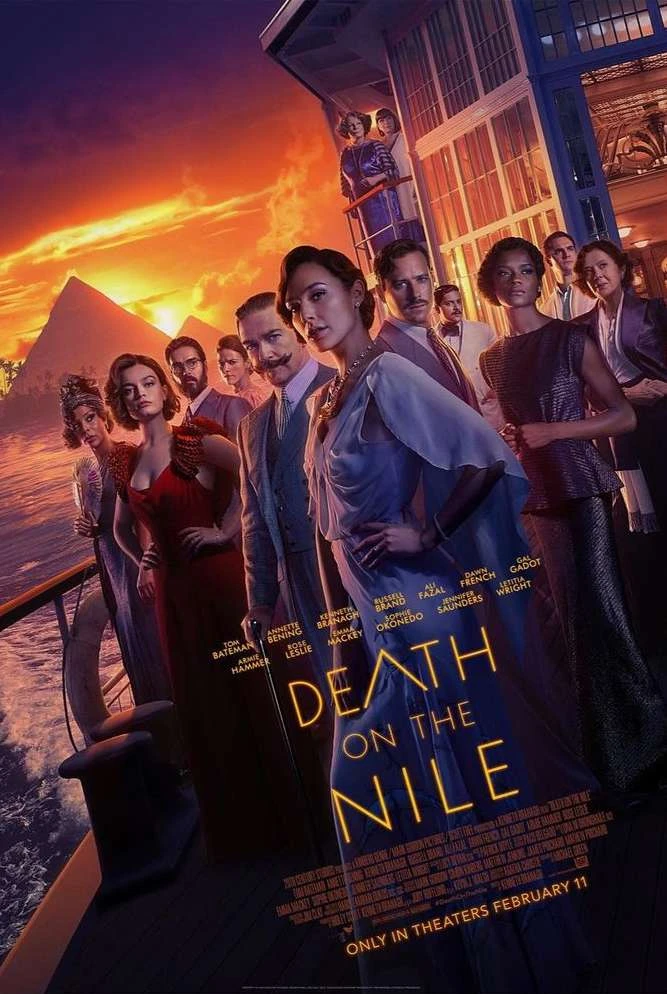 Movie poster featuring a large ensemble cast of stylishly dressed characters on a boat deck at sunset near pyramids