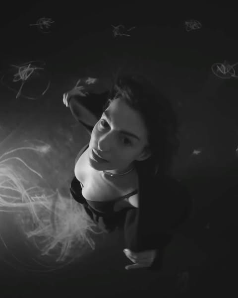 Portrait of an adult woman with dark hair looking up in a black and white image with dark clothing and abstract lighting effects.