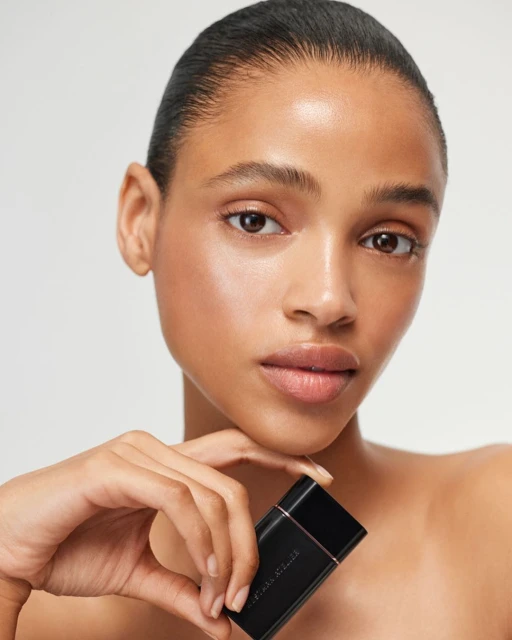 Adult female poses in a beauty shot, holding a black beauty product case in a studio setting with neutral background and soft lighting.