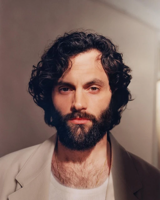 Headshot of Penn Badgley.  He has dark curly hair and a full beard, wearing a cream-colored jacket. The background is a plain wall.