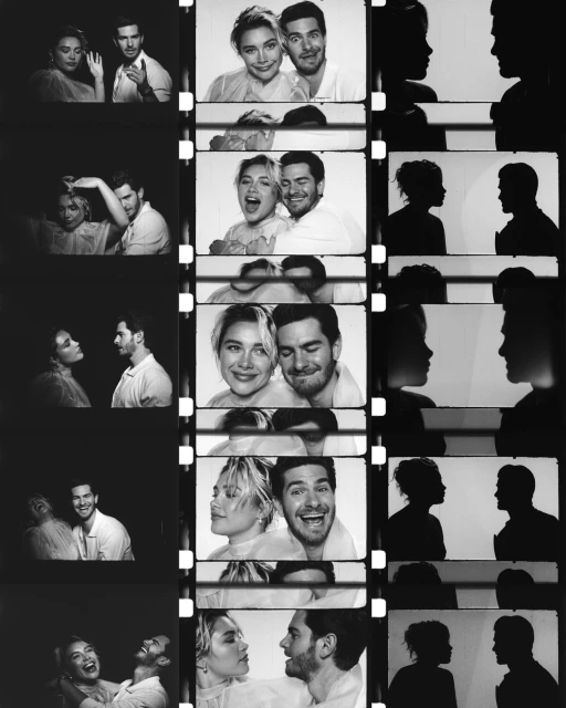 Black and white film strip featuring a Caucasian couple in various poses with a high-key background and silhouetted profiles.