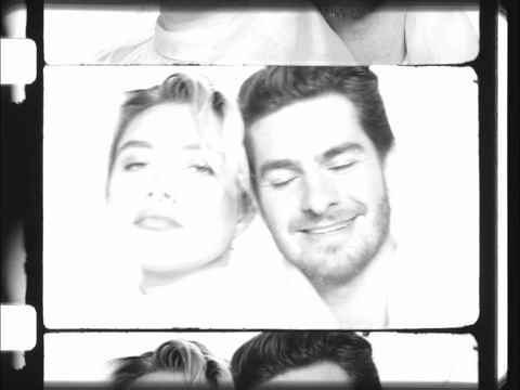 Black and white photo booth style strip featuring the faces of an adult male and adult female against a bright background.