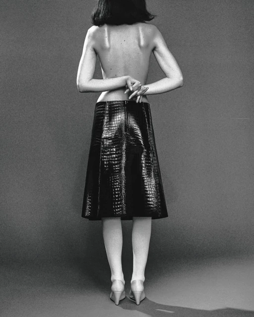 Back view of a woman with bare upper back wearing a black faux crocodile skirt, stockings, and heels, against a gray background.