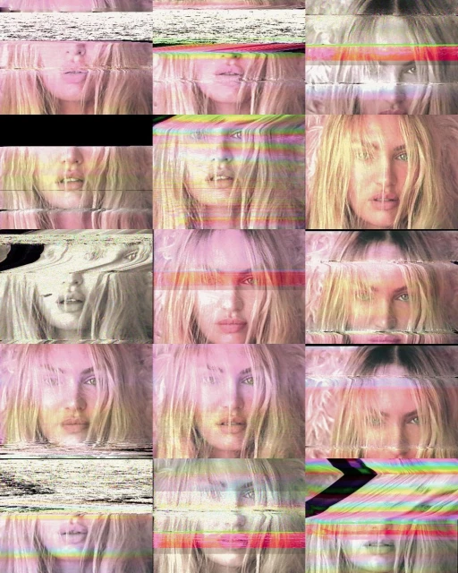 Portrait collage of a blonde woman's face with glitch effects creating a distorted, digital aesthetic in vibrant colors. Fashion beauty.