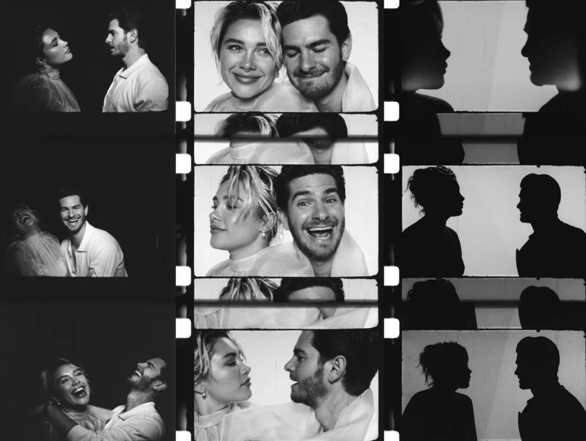 Monochrome filmstrip featuring a series of head and shoulder portraits of a smiling adult couple against contrasting backgrounds.