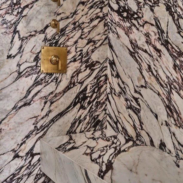 Close-up of marble-lined shower with brass fixtures showing white marble stone with black and pink veining, and square brass shower control.
