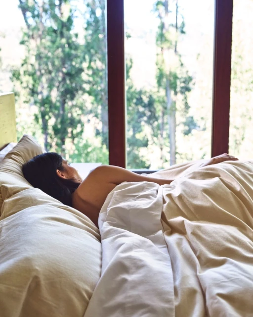 Indoor portrait of a woman lying in a bed with white sheets, large windows, and forest in the background. Shot with natural lighting.
