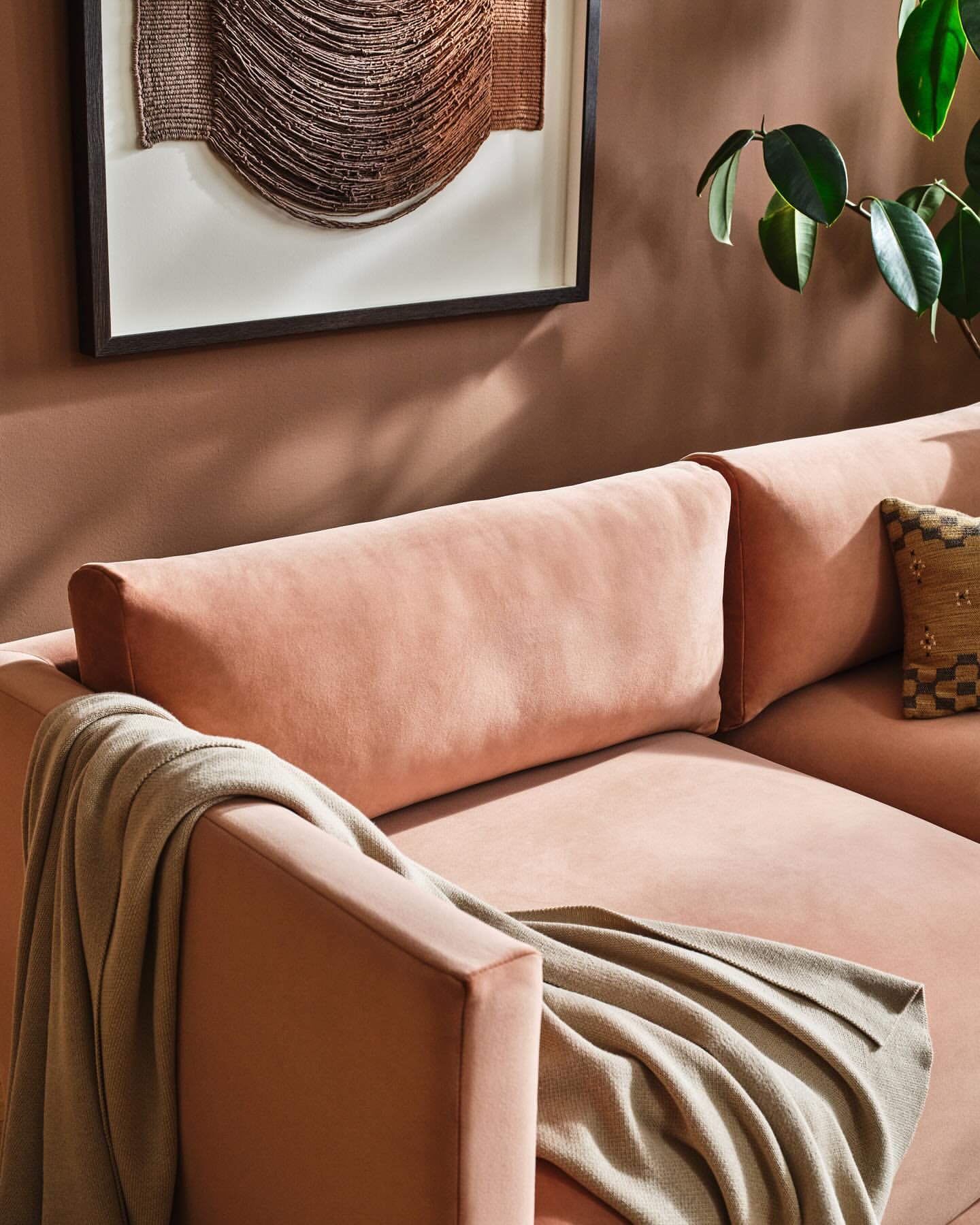 Interior design featuring a modern pink couch with a throw blanket, complemented by abstract art and a potted plant against a neutral wall.
