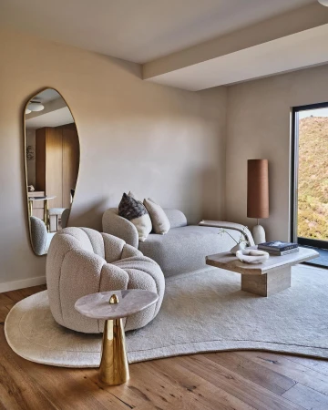 Interior design featuring a curved sofa and armchairs on a light rug, accented by a gold side table, floor lamp, and view from the window.
