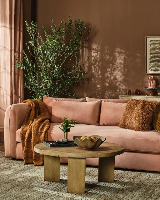 Living room interior showcasing a pink sofa with pillows, a wooden coffee table with fruit, and olive tree branches, creating a cozy ambiance.