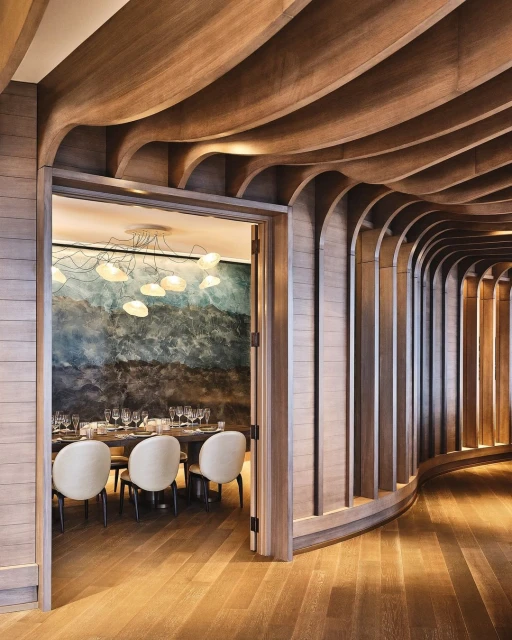 Upscale restaurant dining room with wood ceiling, modern lighting, set table, and elegant chairs, creating an inviting atmosphere.