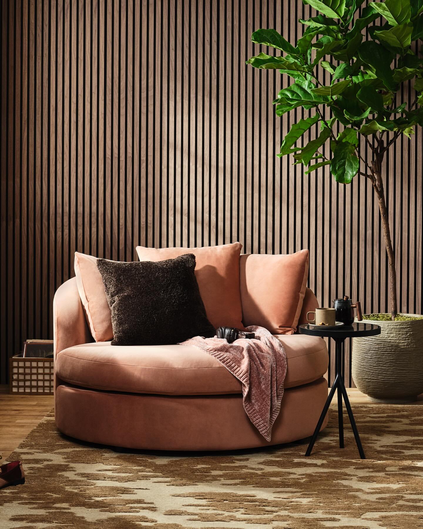 Interior with a round peach-colored sofa, throw pillows, blanket, side table with tea set, fig tree, and brown wood paneling wall.