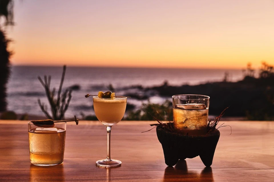 Three cocktails, including a martini, sit on a wooden table against a sunset view of the ocean, capturing a serene and upscale ambiance.