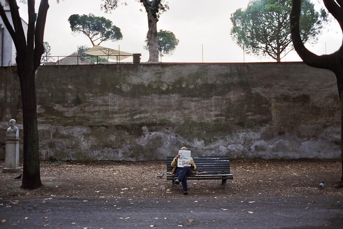 Elderly man sitting on park bench reading a newspaper in front of a weathered wall with trees and a statue in the background.