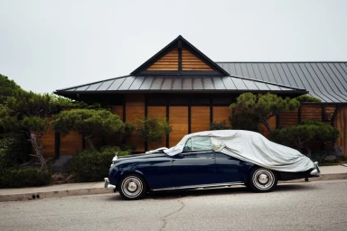 Classic dark blue car covered with a light grey sheet parked in front of a modern wood-paneled building with mature pine trees.
